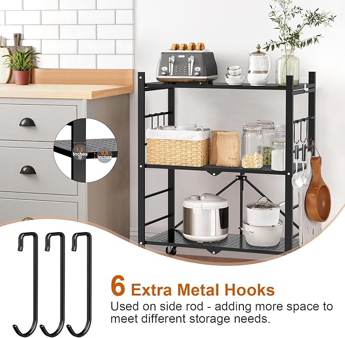Himix Storage Shelves with 6 Hooks, 3 Tier Foldable Shelf with Wheels, Metal Storage Shelving Unit Rolling Cart, Utility Shelf Rack Organization Shelves for Pantry, Kitchen, Black - No Assembly - Image 6