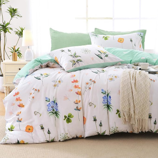 MUXHOMO Multi Flower Full Comforter Set, Elegant Floral Print Bed in a Bag 7 Pieces, Ultra Soft & Breathable Reversible Botanical Pattern Bedding Set with Comforter, Sheets, Pillowcases, and Shams