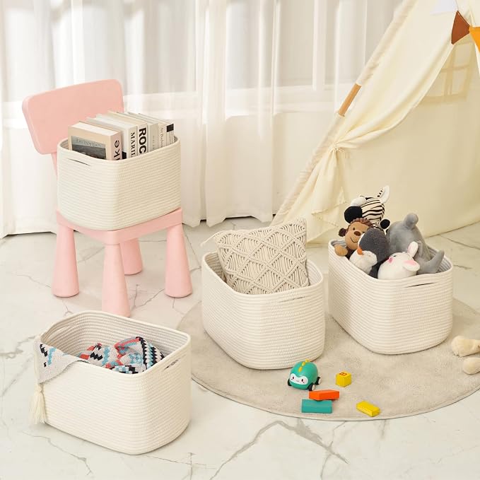 ICERZCZ Storage Baskets for Organizing & Shelves, Woven Cotton Rope Organization Bins for Dog Toys, Clothes, Books, Nursery Organizer, 15" Lx11''Wx9.5''H, (4 Packs) Off White - Image 8