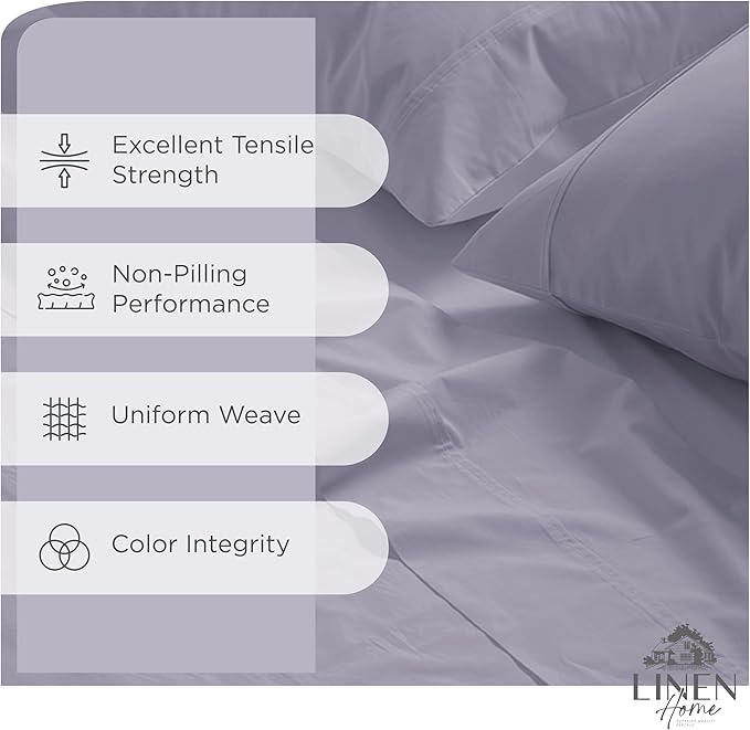 Linen Home Queen Percale Sheets 100% Cotton, 4-Piece Set, Deep Pocket Fits 16" Mattress Crisp Cool Breathable Bed Sheet Set, 1 Flat + 1 Fitted + 2 Pillowcases, Prelude Purple