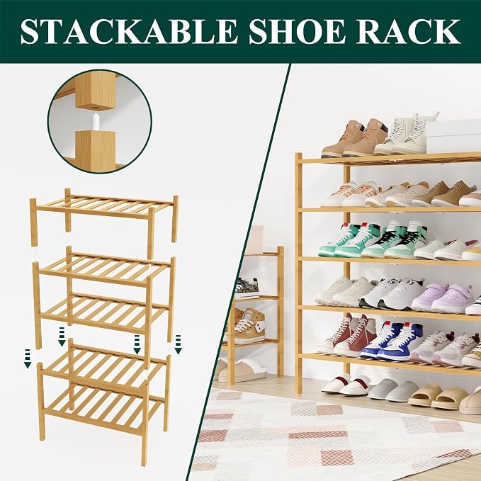 Smiry Shoe Rack, 4 Tier Long Bamboo Shoe Organizer, Stackable Free Standing Wooden Shoe Storage Shelf for Closet, Entryway, Front Door Entrance, Natural - Image 4