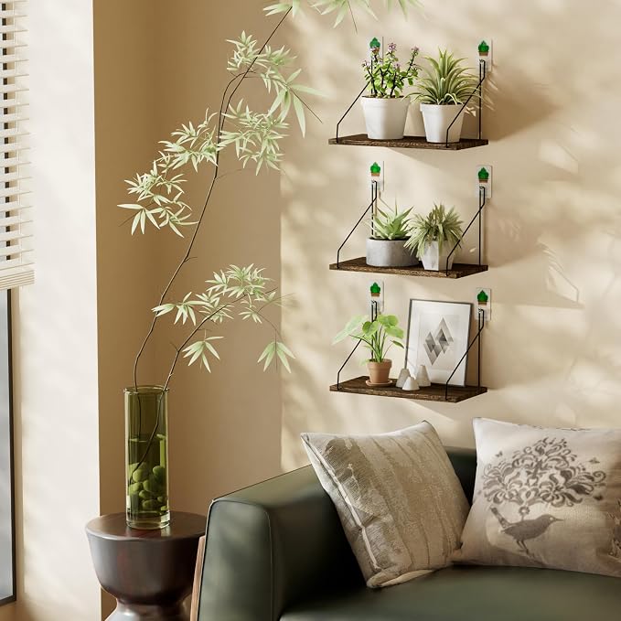 QsQueen Elevate Your Space with Rustic Wood Floating Shelves Set of 3- Perfect for Bedroom, Living Room, Bathroom, and Kitchen Decor - Easy Installation, No Drilling Needed! Brown - Image 5