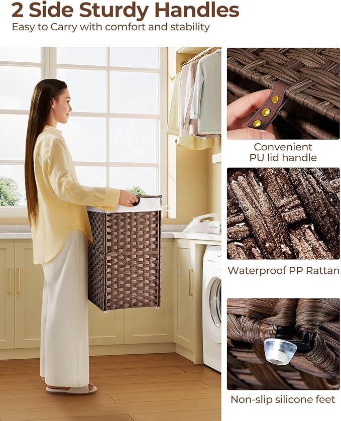 Greenstell Laundry Hamper with lid, No Install Needed, 90L Wicker Laundry Baskets Foldable 2 Removable Liner Bags, 2 Section Clothes Hamper Handwoven Rattan Laundry Basket with Handles, Brown - Image 4