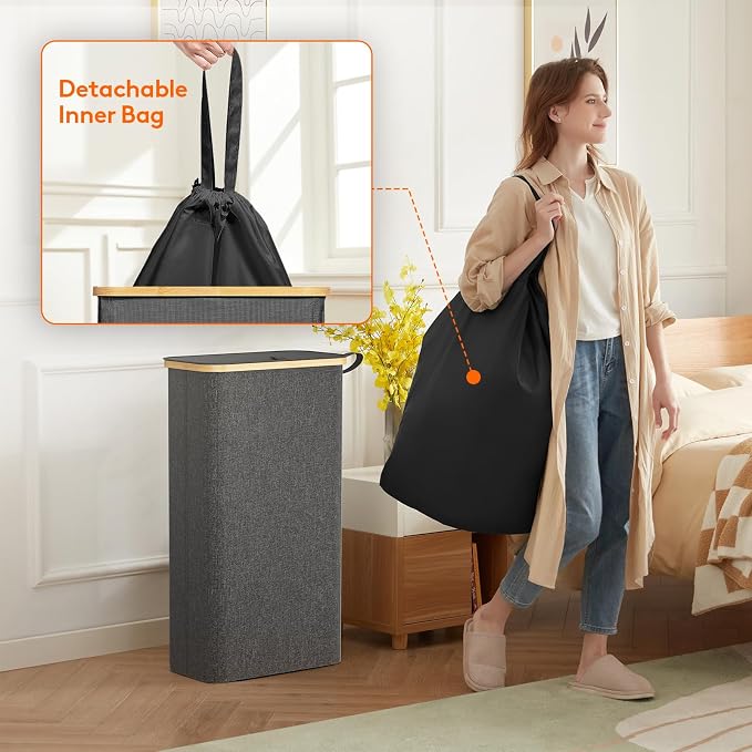 Lifewit 65L Slim Laundry Hamper with Lid, Narrow Laundry Basket with Removable Bag & Bamboo Handles, Fodable Thin Dirty Clothes Hamper for Laundry Collapsible Bin for Bathroom Bedroom Dorm, Dark Gray - Image 4