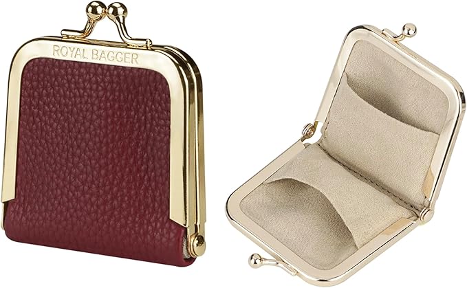 Royal Bagger Genuine Cow Leather Ultra-Slim Mini Jewelry Box, Ring & Necklace Storage, Slim Coin Purse with Kiss Lock for Women 3120 (Wine Red) by ROYALBAGGER