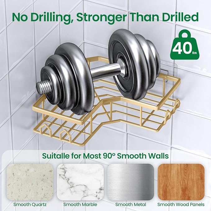 Adhesive Shower Caddy, 2 Pack Corner Bath Organizer, Rustproof Stainless Steel Shower Shelves with Large Capacity, No Drilling Shelves for Bathroom Storage, Home, Kitchen Decor (Gold). - Image 3