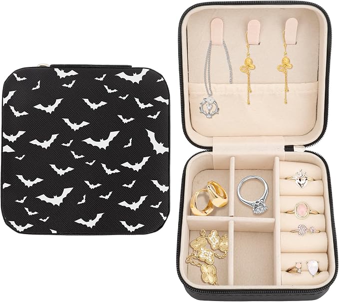 Black White Bats Jewelry Organizer Small Jewelry Travel Case Portable Jewellery Storage for Rings Necklaces Earrings Bracelet Travel Accessories Women Halloween Basket Stuffers for Women by Unknown