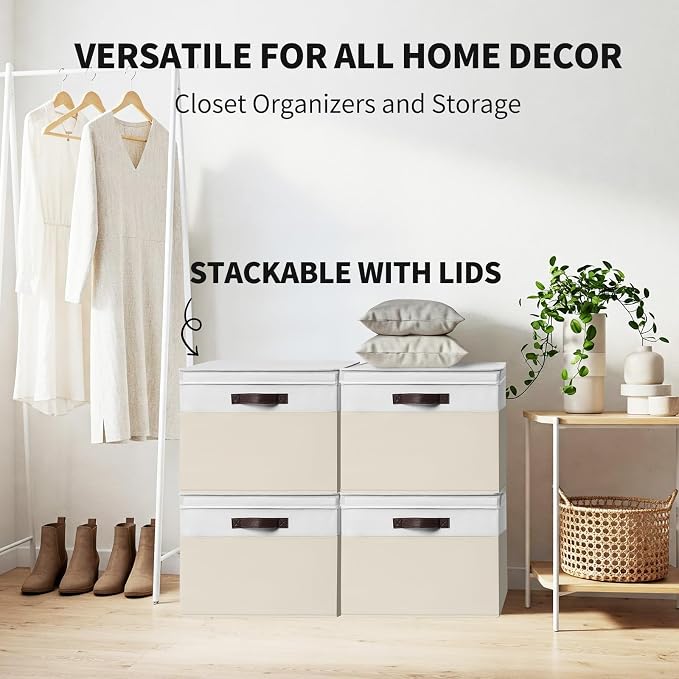 2 Pack EXTRA LARGE Blanket Storage Baskets with Lids, 22”x16”x12” Closet Organizers Bins for Clothes Towel/ Toy Storage Box with Lid Handles/ Stackable Decorative Fabric Bins for Living Room, Nursery - Image 3