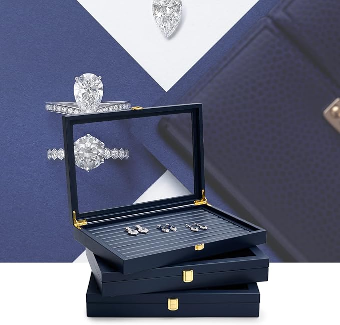 Oirlv Premium Blue Leather Jewelry Tray with 24 Grid Removable Jewelry Cards Jewelry Organizer Box with Transparent Acrylic Lid Necklace Pendant Display Case - Image 9