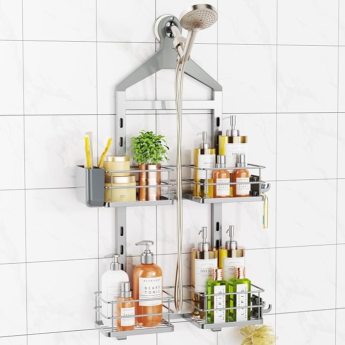 ODesign 2 Tier Height-Adjustable Shower Caddy Hanging Anti-Swing-Over The Shower Head Caddy-Storage Organizer Bathroom Shelves Basket-Silver by ODesign