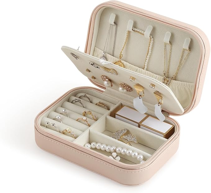 CASEGRACE Travel Jewelry Case, Double Layer Travel Jewelry Organizer for Necklace Earring Rings Jewelry Display Case for Women, Pink by Casegrace