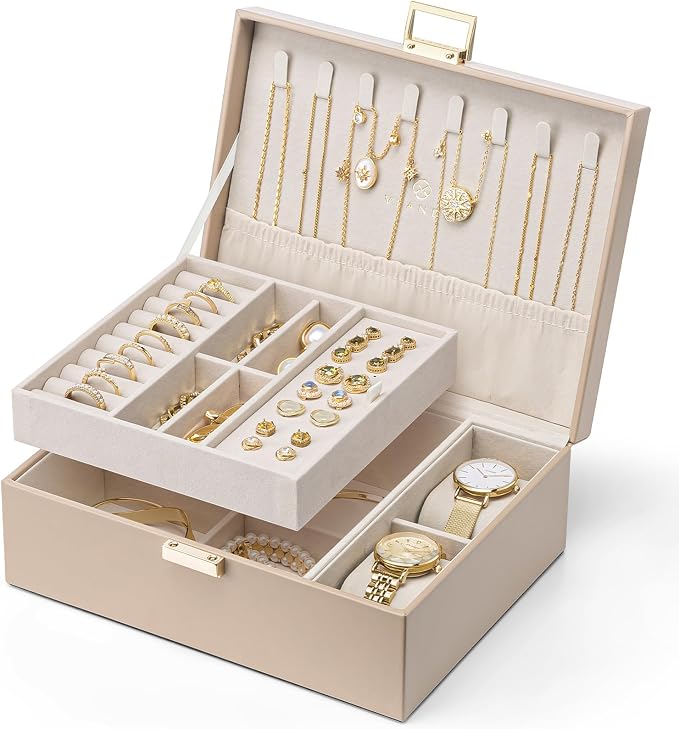 VLANDO Jewelry Organizer,2 Layer Jewelry Box Large Jewelry Organizer for Women Removable Jewelery Tray with Watch Pillow for Necklace Earrings Rings Bracelets (Toffee) by VLANDO