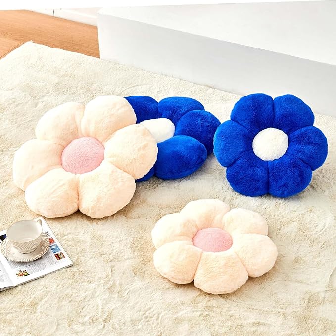 Kcvvcr Flower Pillow Cute Decorative Throw Pillow with Faux Rabbit Fur Soft Daisy Plush Floor Cushion Aesthetic Flower Shaped Pillow Home Decor for Bed Sofa Couch (Royal Blue, 14.9 Inch)