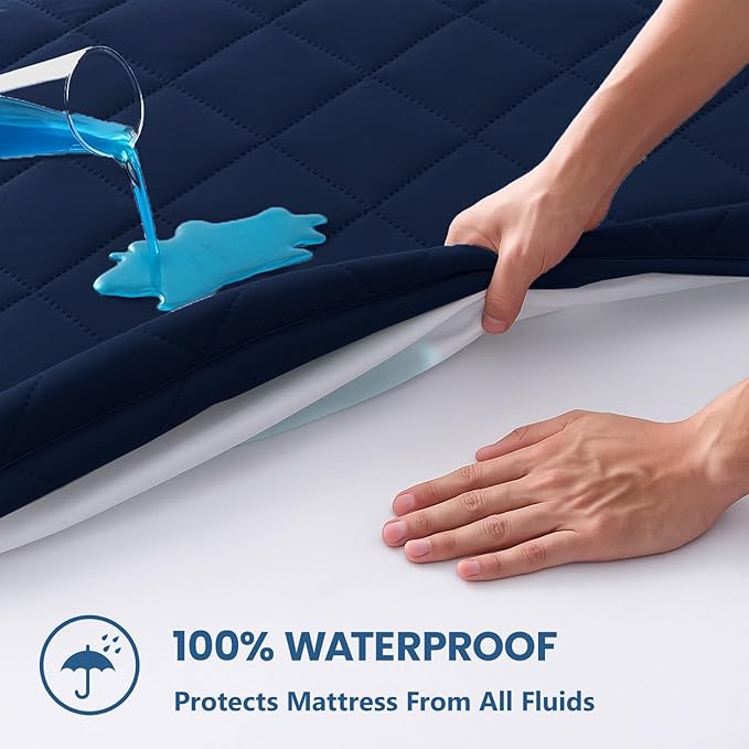 California King Mattress Protector,Waterproof Mattress Protector Fitted Up to 16" Deep Pocket, Soft Breathable Bed Mattress Cover for Bedroom,Doom Room,(Navy Blue)