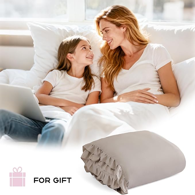 JANZAA Queen Comforter Set Oatmeal Comforter for Queen Size Bed 3PCS (1 Ruffle Comforter and 2 Pillowcases) Vintage Shabby Chic Bedding Soft Fluffy Comforter Set All Season