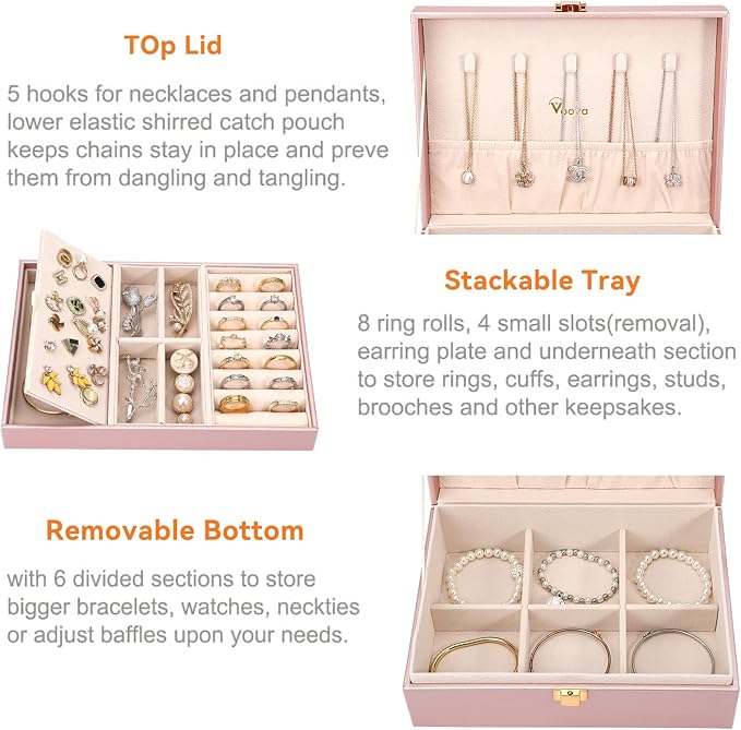 Voova Jewelry Box Organizer for Women Girls, 2 Layer Large Men Jewelry Storage Case, PU Leather Display Jewellery Holder with Removable Tray for Necklace Rings Bracelets,Vintage Gift,Rose Gold - Image 2