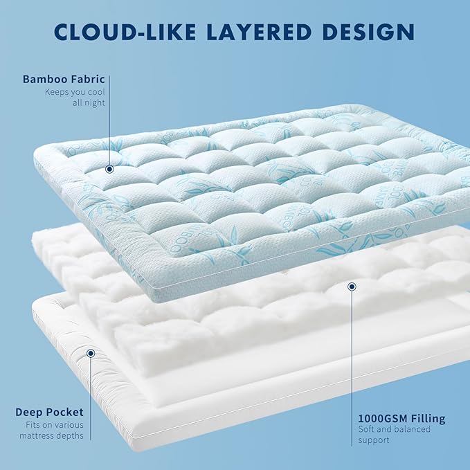 King Mattress Topper Viscose Derived from Bamboo,Breathable and Soft Extra Thick Pillow Top Mattress Pad Cover for Back Pain, Deep Pocket Fits 7–21 Inch Mattress (78"x80")
