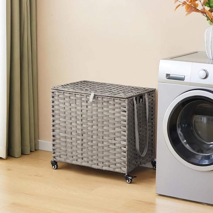 Laundry Hamper with Wheels, 34.3 Gallon(130L) Rolling Laundry Basket with Lid, 3-Section Rattan Clothes Hamper with 3 Removable Liner & 3 Mesh Bags, Laundry Sorter with Side Pocket, Grey - Image 2