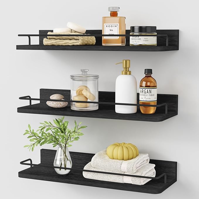 Forbena Black Floating Shelves for Wall, Bahtroom Wall Shelves Over Toilet, Rustic Hanging Shelf with Lip Rail for Bedroom Kitchen Office Living Room Picture Photo Decor, 17 Inch Long-Set of 3 by Forbena