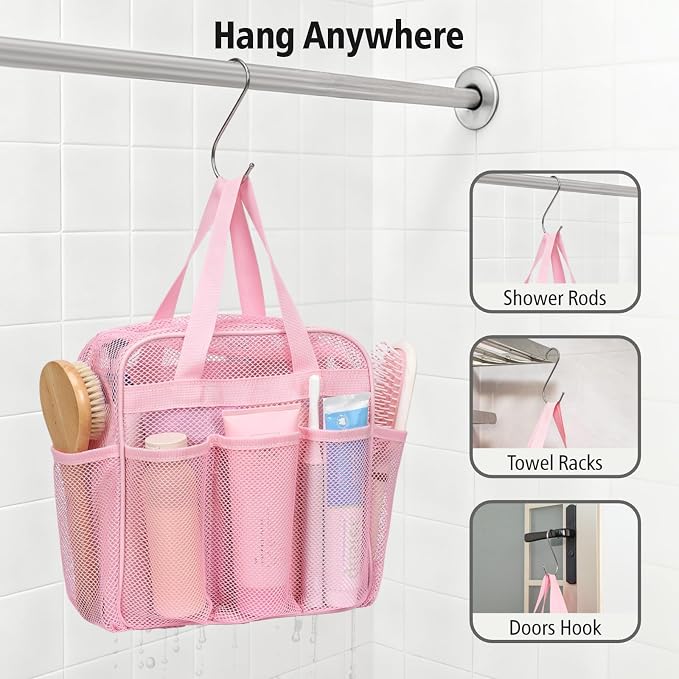 F-color Mesh Shower Caddy Portable with Zipper - Upgrade Deeper 7 Pockets Dorm Room Essentials for Guys Girls with S Hook, Shower Bag Basket Tote for College Camping Toiletry Bathroom, Pink - Image 8