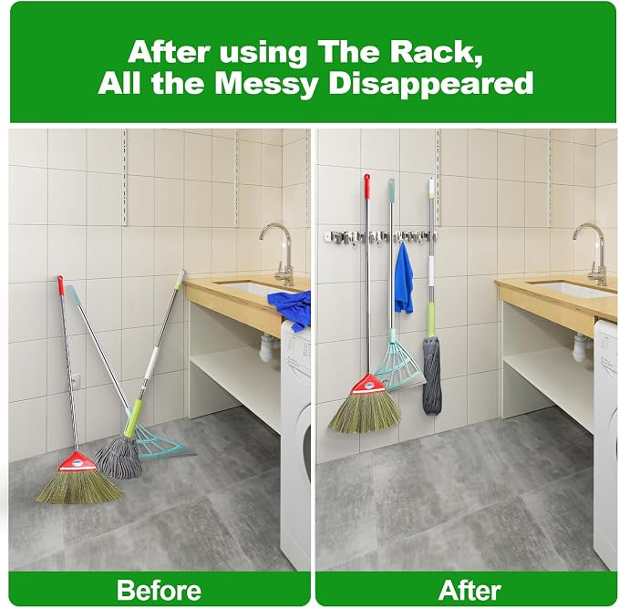 voze [2 Pack] 5 Racks and 4 Hooks Mop and Broom Holder Wall Mount, Self Adhesive Heavy Duty Broom Organizer Storage Tool Racks for Kitchen Garden Laundry Garage, 304 Stainless Steel, Silver - Image 4