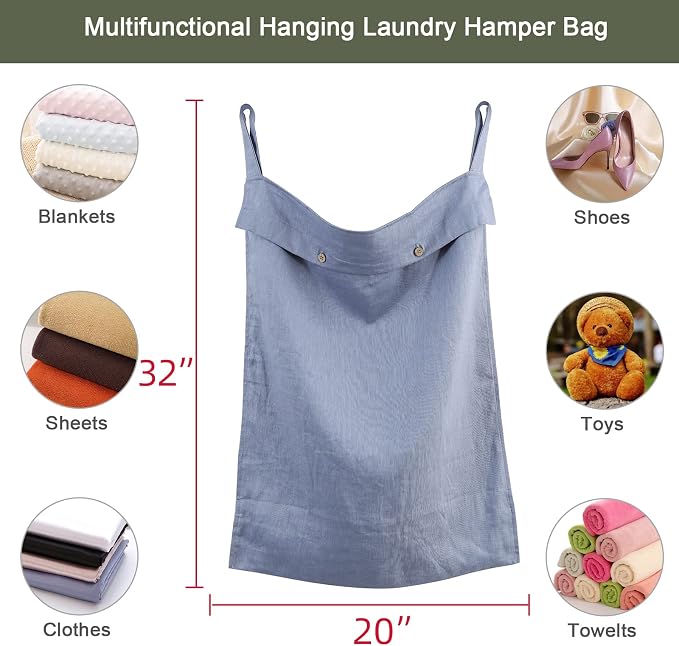 Linen Hanging Laundry Bag, 100% Linen Over The Door Laundry Hamper with Buttons and Zipper, Space Saving Door Hampers for Laundry Dirty Clothes Home Travel, Blue - Image 2