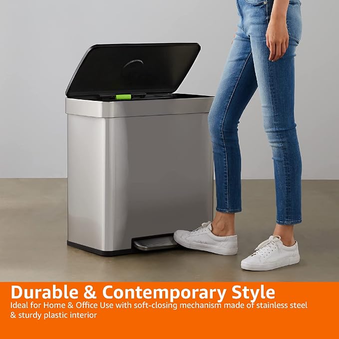Amazon Basics Dual Compartment Recycling Trash Can with Soft-Close Lid, Fingerprint Resistant, Removable Liner Buckets, 60 Liters, Rectangular, Grey, Silver - Image 4