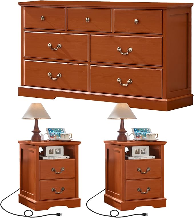 Farmhouse Dressers & Night Stand Set of 3,54" Wide 7 Drawer Dresser,18" Wide 2 Drawers End Table with Charging Station Set of 2,Furniture Dresser Sets for Home Caramel