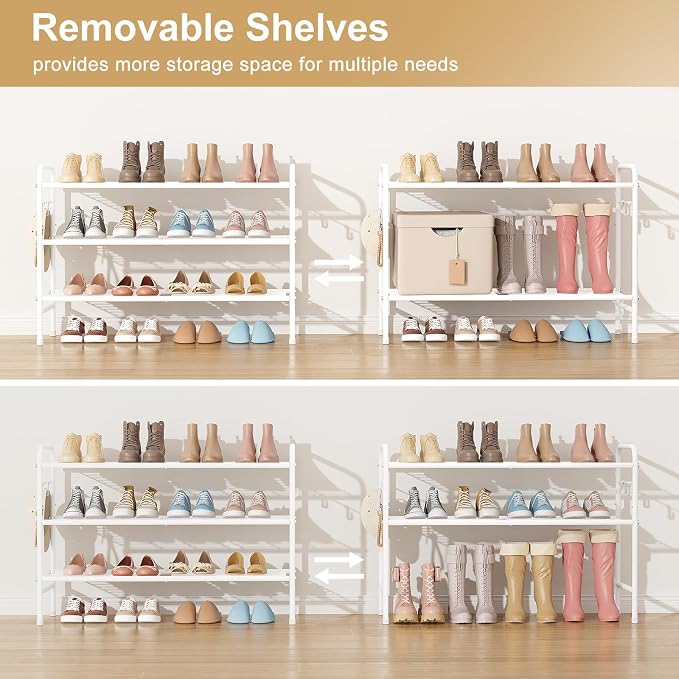 VILICK 3 Tier Shoe Rack 33" Wide Metal Shoe Organizer Long Shoe Storage with 4 Side Hooks Sturdy Shoes Shelf for Front Door Entrance, Closet, Garage, Dorm, White - Image 6