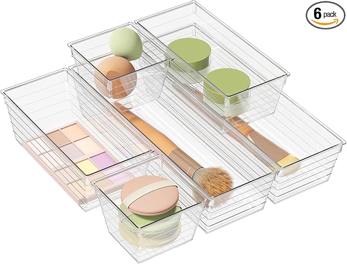 DCA 6 Pack Clear Drawer Organizer, Acrylic Drawer Storage Trays, Storage Bins for Makeup, Cosmetics, Jewelries, Utensils, Gadgets, Office by DCA