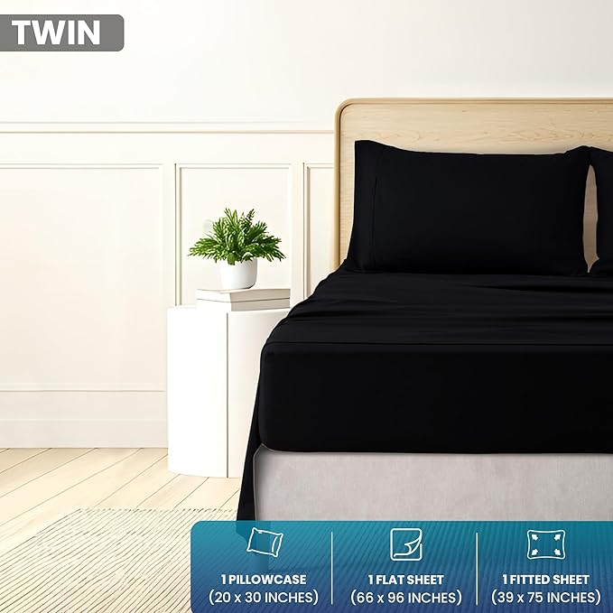 Utopia Bedding Twin Size 3 Piece Sheet Set - Brushed Microfiber - Soft Bed Sheets for Twin Size Bed Set - Includes 1 Fitted, 1 Flat, & 1 Pillow Case - Deep Pocket (Black)