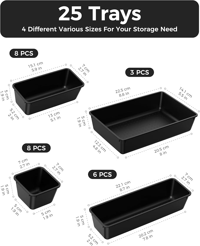 BiuLeon 25 PCS Plastic Drawer Organizers Set, 4-Sizes Vanity and Makeup Organizer, Desk and bathroom Drawer Organizer Trays, Organizers and Storage for Makeup, Jewelry, Gadgets, Utensils (Black) - Image 2