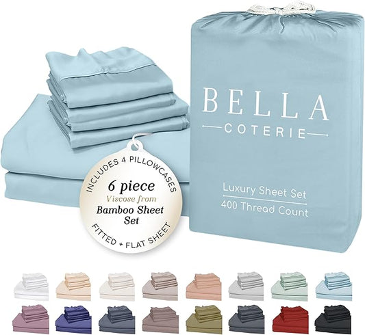Bella Coterie 6 Piece Luxury Bamboo Viscose King Size Sheet Set | 100% Organically Grown | Cooling for Hot Sleepers | 18" Deep Pocket | Soft & Hypoallergenic | 4 Pillowcases [Coastal Blue]