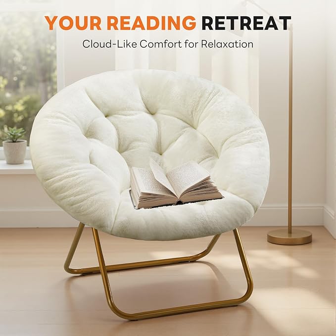 Sweetcrispy Saucer Chairs, Comfy Folding Cozy Faux Fur Living Room Reading Lounge Chair with Soft Thick Padded Seat & Metal Frame Modern Style Bedroom Home Dorm for Kids Adults, X-Large - Cream
