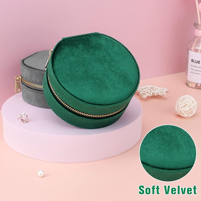 DesignSter Travel Jewelry Box - Velvet Mini Jewelry Organizer, Small Jewelry Case for Girls Women, Jewelry Storage Box for Rings Earrings Necklace (Circular, Emerald Green) - Image 5