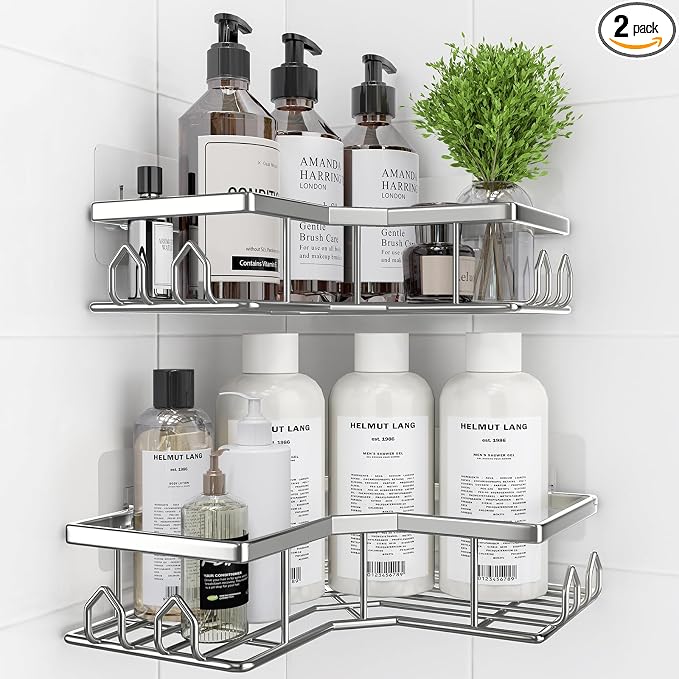 Adhesive Shower Caddy, 2 Pack Corner Bath Organizer, Rustproof Stainless Steel Shower Shelves with Large Capacity, No Drilling Shelves for Bathroom Storage, Home, Kitchen Decor (Silver). by Unknown