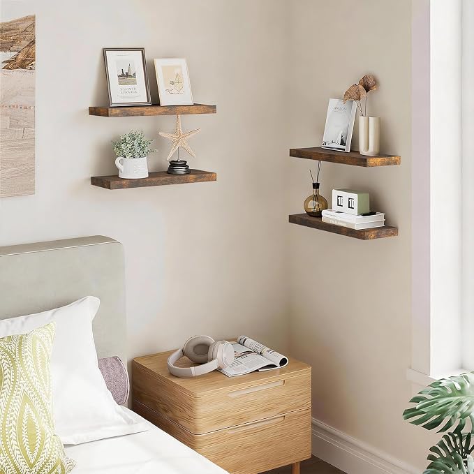 BAYKA Floating Shelves for Wall, 15.7in Wall Mounted Rustic Wood Shelves for Bathroom, Bedroom, Living Room, Kitchen, Hanging Shelf for Storage/Room Decor with 22lbs Capacity (Rustic Brown, Set of 4) - Image 4