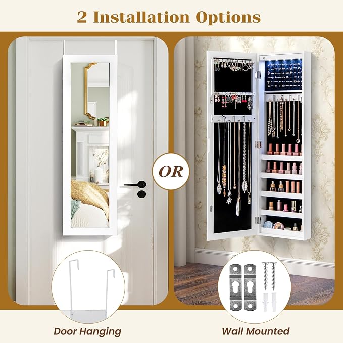 Giantex Wall or Door Mounted Jewelry Cabinet with Full Length Mirror, Over The Door Jewelry Armoire Organizer with Lights, Large Storage with Necklace Hooks, Earring Slots & Shelves (White) - Image 5