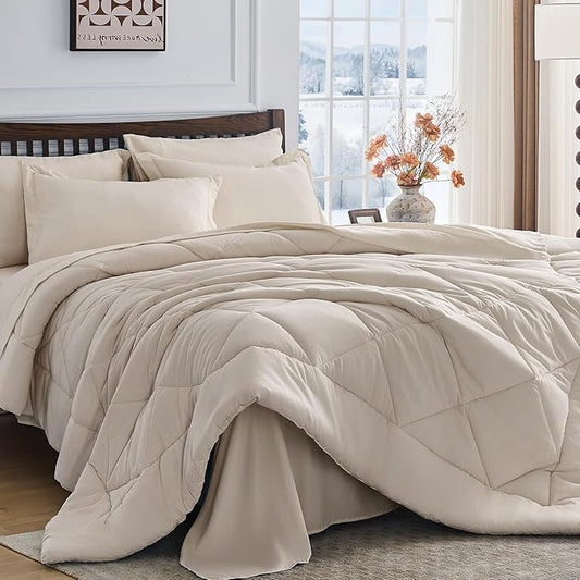 HEVUMYI Beige Tan Twin-XL Comforter Set - 5-Piece All Season Bed in a Bag Twin-XL, Ultra Soft Bedding Set with Comforter, Flat Sheet, Fitted Sheet, Pillowcases, Pillow Shams, Beige Tan