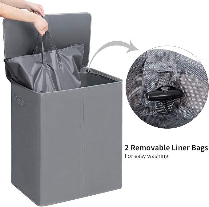 WOWLIVE 154L Double Laundry Hamper with Lid and Removable Laundry Bags, Large Dirty Clothes Hamper 2 section Collapsible Laundry Basket Dorm Room Storage for Bedroom, Bathroom, College,Grey - Image 4