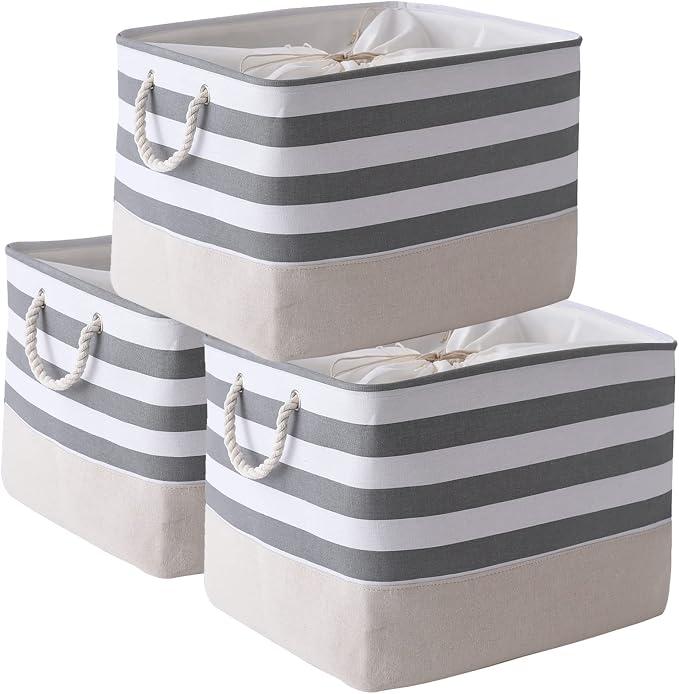 TheWarmHome Jumbo Storage Bins Baskets, Sturdy Fabric Organizing Basket W/Handles, Decorative Foldable Storage Baskets for Shelves Closet Nursery Toy (Grey&White Stripes 3 Pack, 20.5Lx15.7Wx13.8H in) by TheWarmHome