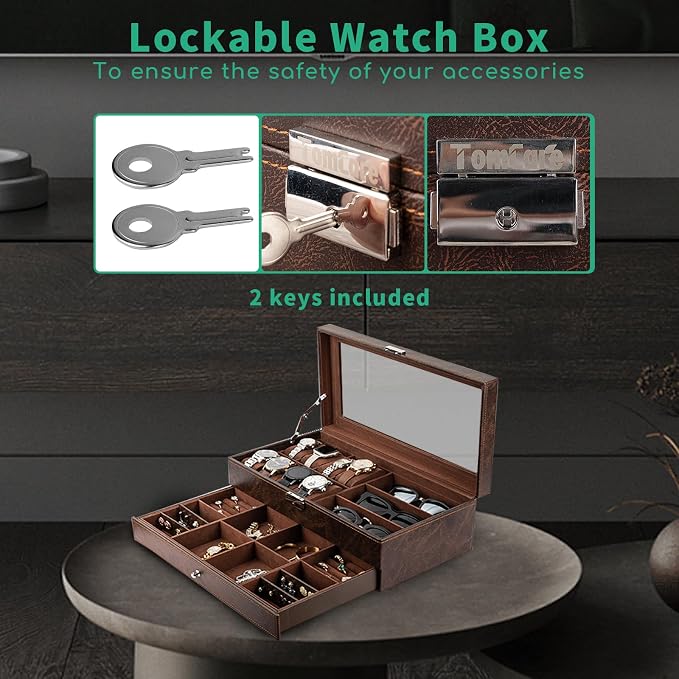 TomCare Watch Box 2-Tier Watch Case Jewelry Organizer Box with Thick Glass Lid Lockable Watch Organizer Jewelry Display Holder Sunglass Rings Necklaces Bracelets Storage Organizer for Men Women,Brown - Image 6