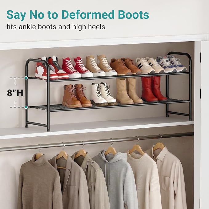 AOODA Long 2 Tier Shoe Rack for Closet Metal Wide Stackable Shoe Storage Organizer for Entryway, Bedroom, Floor, 18-Pairs Low Shoe Shelf, Black - Image 5