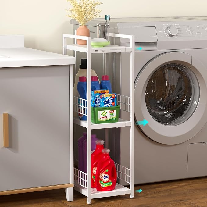 DAOUTIME Expandable Slim Storage Shelf, 3 Tier Metal Shelving Unit for Bathroom Storage Organizer, Free-Standing Narrow Shelf, Open Floor Shelves for Small Spaces,Laundry,Bathroom,Kitchen, White - Image 2