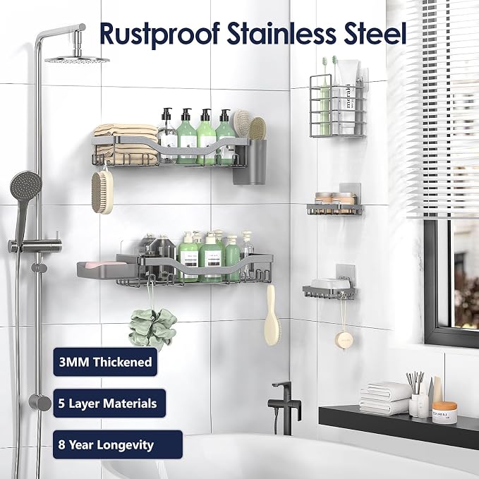 NESOMI Shower Caddy Adhesive Shower Organizer 7-Pack, Rustproof Stainless Steel Bathroom Shelves, Large Capacity No-Drill Rack Storage Accessories with Soap Dish Toothbrush Holder Hooks - Image 5