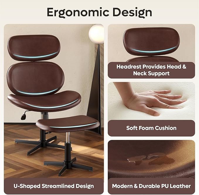 Bestier Swivel Modern Chair with Ottoman No Wheels, PU Criss Cross Reading Chair with Extended Headrest & Adjustable Seat, Modern Armless Ergonomic Chair for Living Room, Dark Brown