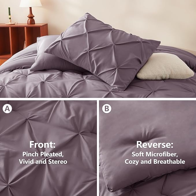 CozyLux Queen Comforter Set Grayish Purple, 7 Pieces Pintuck Bed in A Bag, Premium Purple Comforter Queen Size, Pinch Pleat Bedding Sets with Comforter, Sheets, Pillowcases & Shams