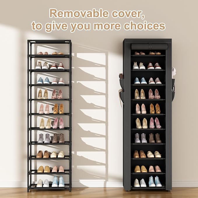 ROJASOP Shoe Rack with Covers 10 Tier Large Shoe Organizer Tall Shoe Closet Storage for 20-22 Pairs Shoe and Boot, Free Standing Shoe Rack Organizer for Closet, Entryway, Bedroom, Black - Image 5