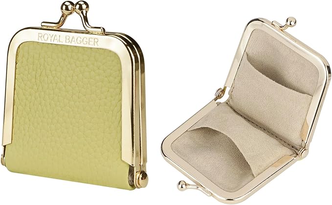 Royal Bagger Genuine Cow Leather Ultra-Slim Mini Jewelry Box, Ring & Necklace Storage, Slim Coin Purse with Kiss Lock for Women 3120 (Yellow) by ROYALBAGGER