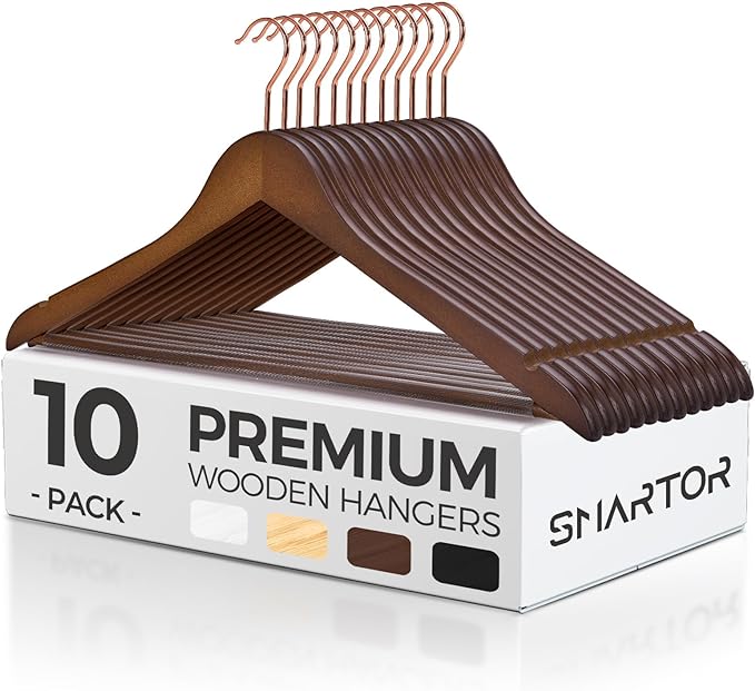Smartor Wooden Hangers 10 Pack, Solid Wood Coat Hanger for Closet, Heavy Duty Wood Hangers for Suits, Shirts, Dresses, with 360° Rose Gold Hook, Non Slip Pant Bar, Walnut by Smartor